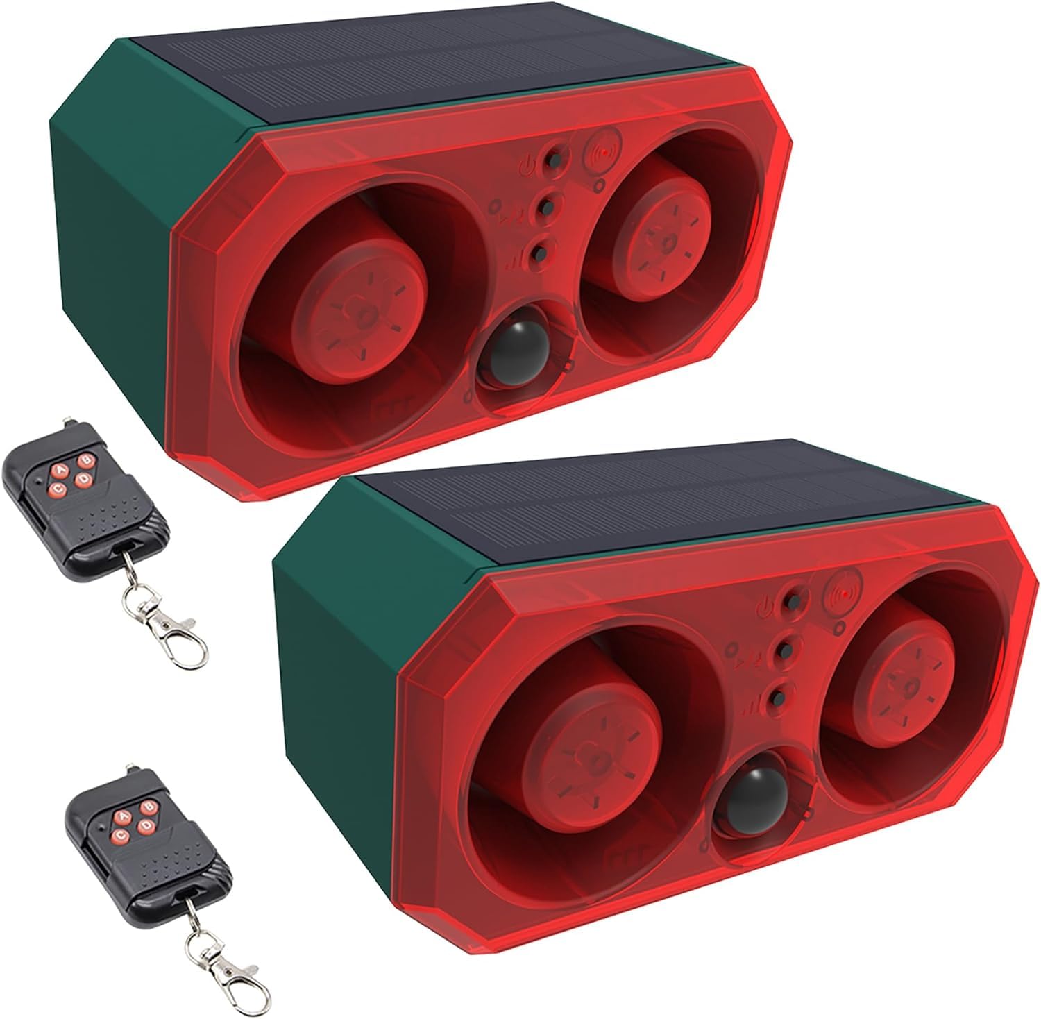 AMZSTAR Solar Outdoor Motion Sensor Alarm with 13Sounds & Recording & Adjustable Volume, 130db Dual Speaker Dog Barking Security Strobe Light,Security Alert System for Home Farm Barn Villa Orchard (1)