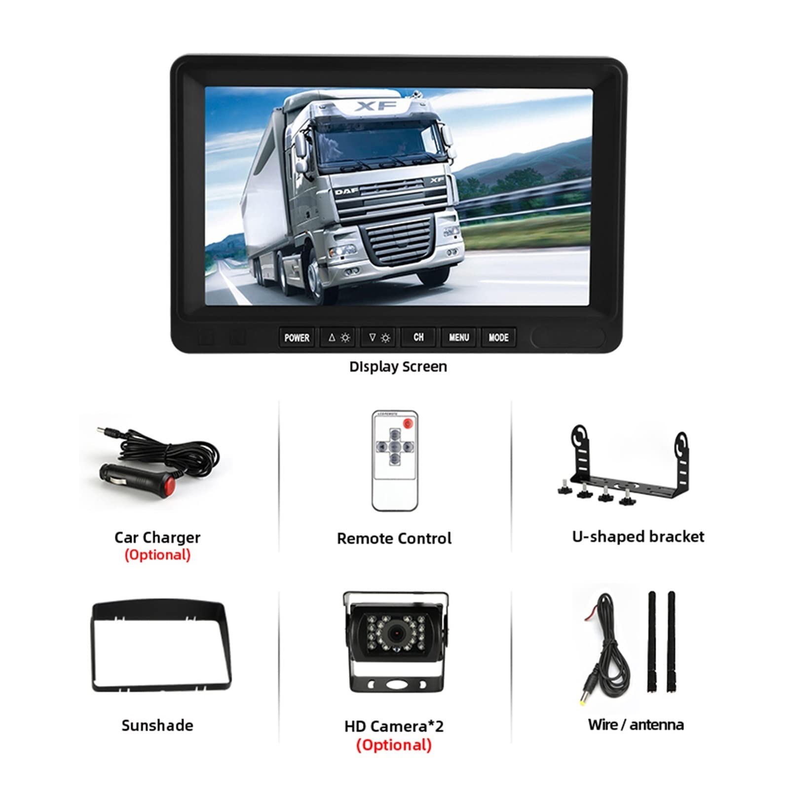 7 "Bezprzewodowy monitor samochodu z tyłu widok z tyłu kamery Night Vision with Screen Parking System Backup Wyświetlacz do samochodów ciężarowych Rv. Samochody dostawcze(3 Cam with charger)