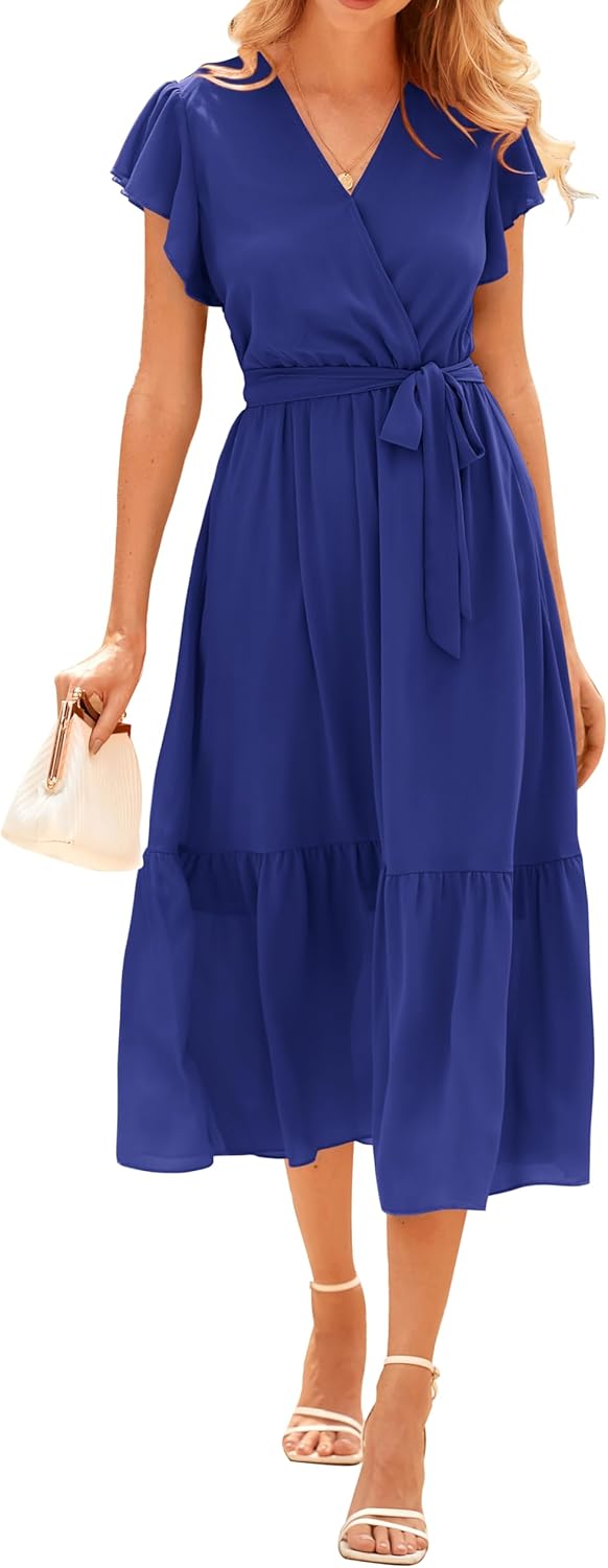 BTFBM Women Summer Bohemian Floral Casual Wrap V Neck Ruffle Cap Sleeveless Belt A-Line Pleated Hem Midi Sun Dress White XX-Large Solid Royal Blue