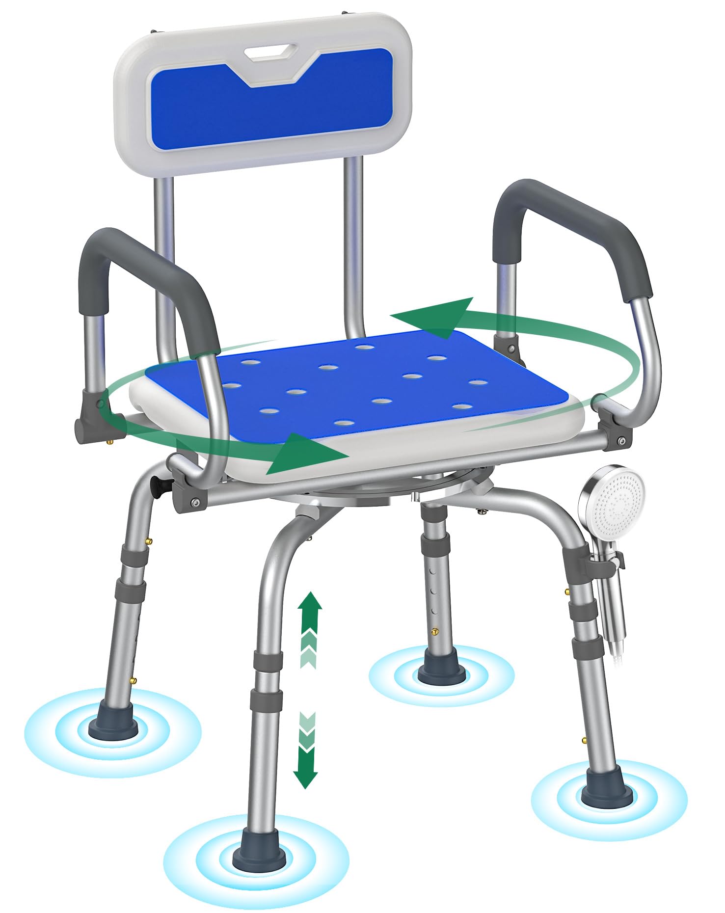 Luckfaith 360° Swivel Shower Stools, Adjustable Height Bath Seat with Back and Pivoting Arms, Non-Slip Bathtub Shower Chair