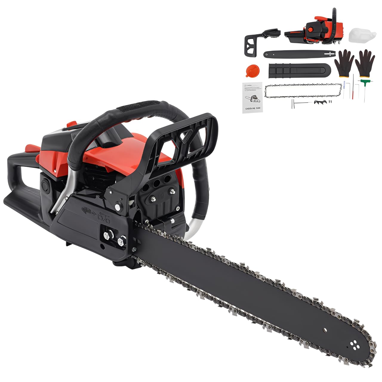 2-suwowa spalinowa piła łańcuchowa 58 cc, 2,2 kW, chłodzona powietrzem, długość łańcucha 45,7 cm, 2800 – 11000 obr./min, długość prowadnicy 48 cm, system zapłonowy CDI do cięcia drewna itp