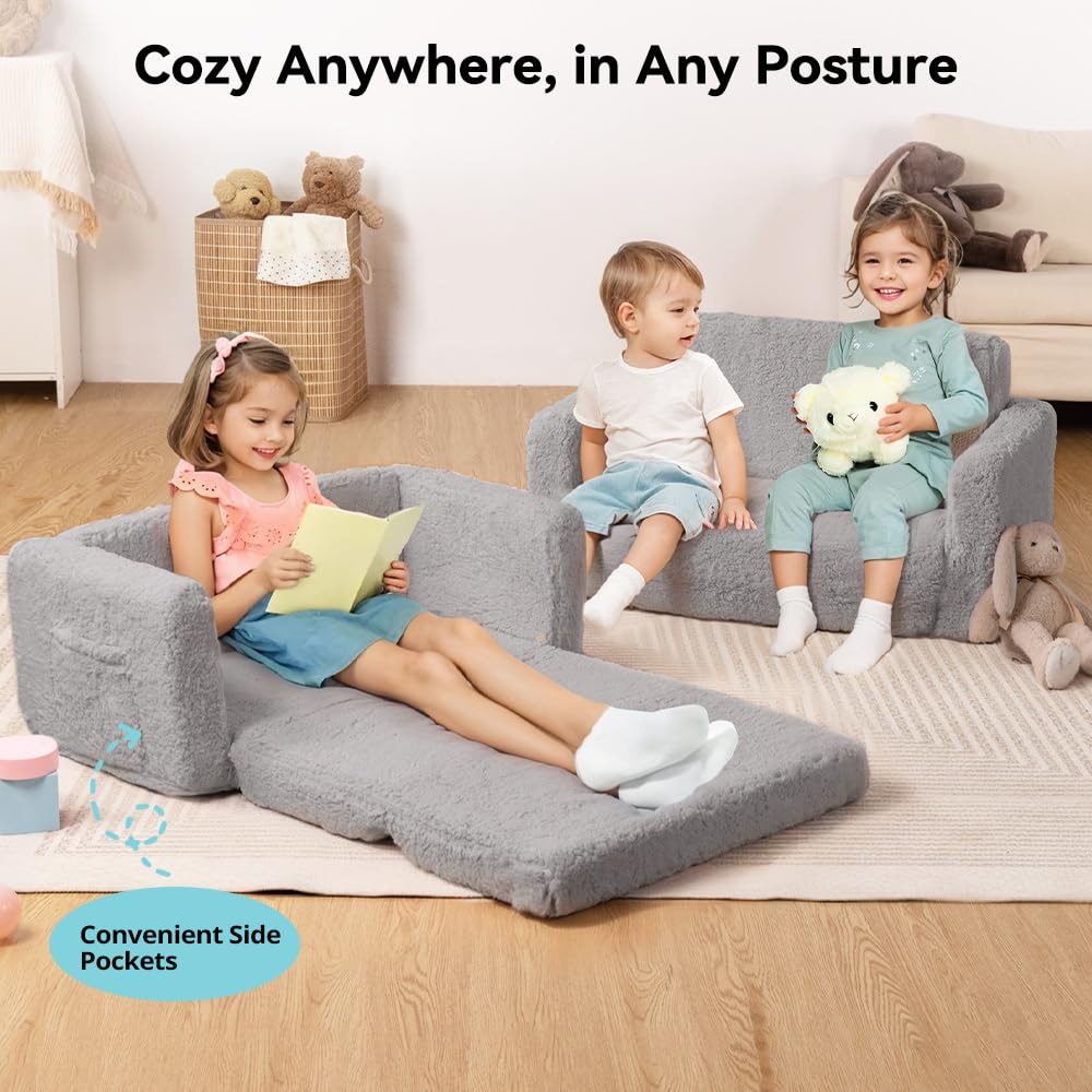 Generisch 2 in 1 Kindersofa Ausklappbar, Extra Breite Kindersessel ab 1 Jahr für Kinderzimmer, Kindercouch mit Abnehmbarem Cover, Weich Kinder Sofa für Mädchen und Jungen, Grau