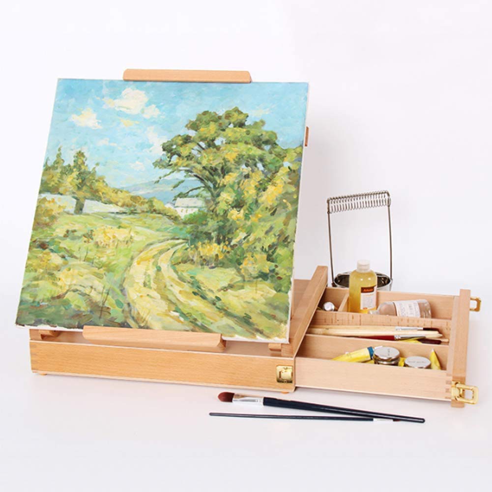 HADECOLL Desktop Beech Wooden Easel With Hand-Carrying Drawer Oil Painting Box,Retractable And Foldable,Easy To Carry And Useful Display Sketch Advertising Rack