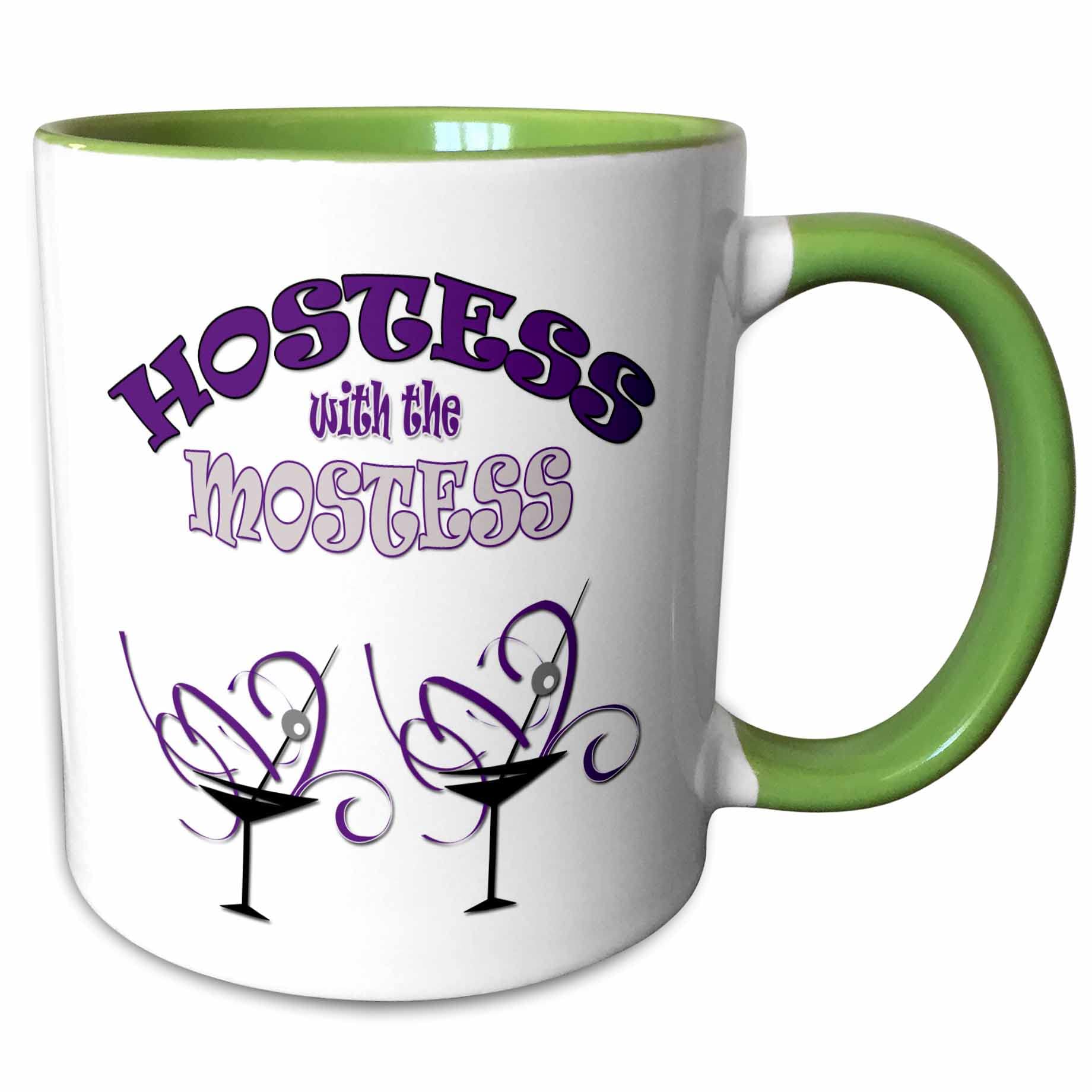 3dRose Hostess with the Mostess. Celebration. Cool Design. Drinking Night. 11oz Two-Tone Green Mug