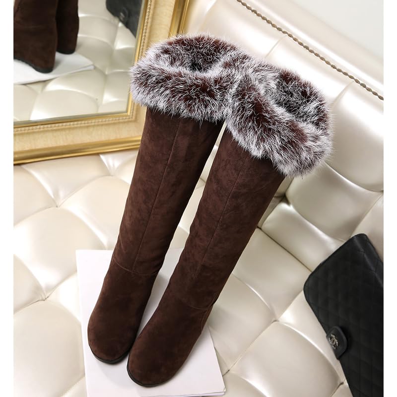 Women's Winter Over The Knee Thigh High Snow Boots Stretch Thick Rabbit Fur Collar Warm Leather Waterproof Slip-on Hidden Wedge Boot3