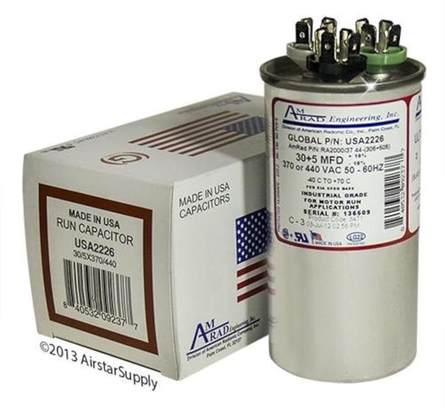GE/Genteq 97F9833-30 + 5 uf MFD 370/440 Volt VAC AmRad Round Dual Run Capacitor, Made in The U.S.A.