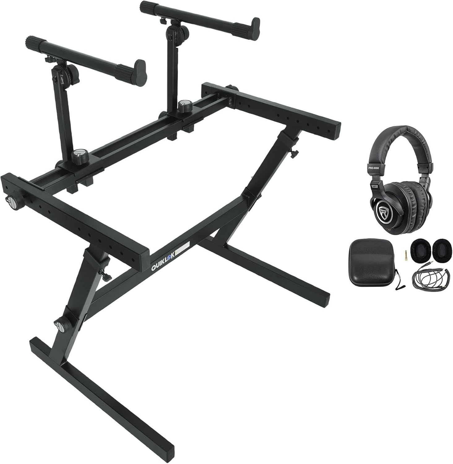 Audiosavings Bundle: Z-726 2-Tier Z-Style Keyboard Stand w/7 Adjustable Heights 34 in. Width Bundle with Rockville PRO-M50 Studio Headphones w/ Detachable Coil Cable, Case+Extra Ear Pad (2 Items)