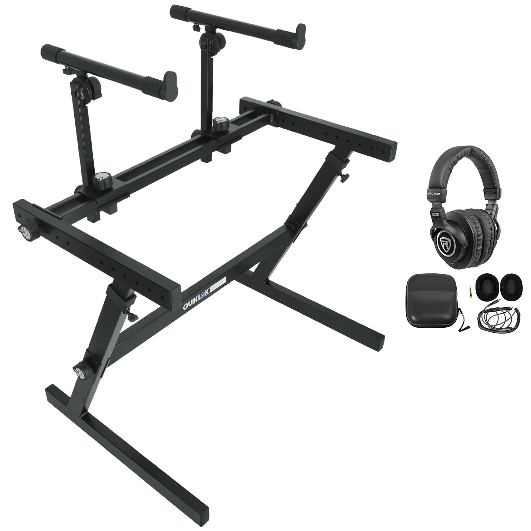 Audiosavings Bundle: Z-726 2-Tier Z-Style Keyboard Stand w/7 Adjustable Heights 34 in. Width Bundle with Rockville PRO-M50 Studio Headphones w/ Detachable Coil Cable, Case+Extra Ear Pad (2 Items)