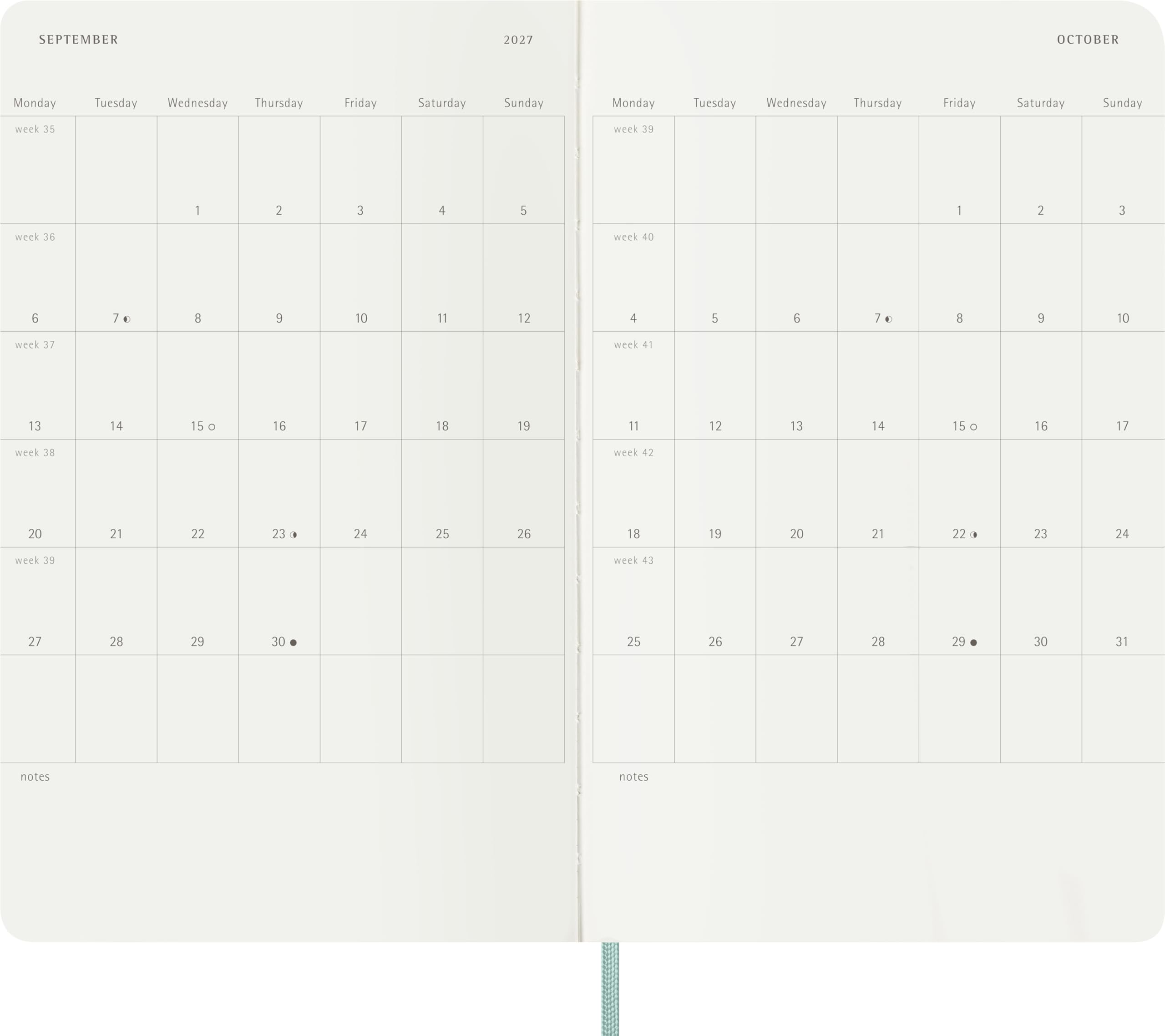 Moleskine Wochenkalender 2027, Precious and Ethical, 12-Monats-Planer mit Platz für Notizen, Veganes Softcover und Geschenkbox, Format Large 13x21 cm, Salbeigrün