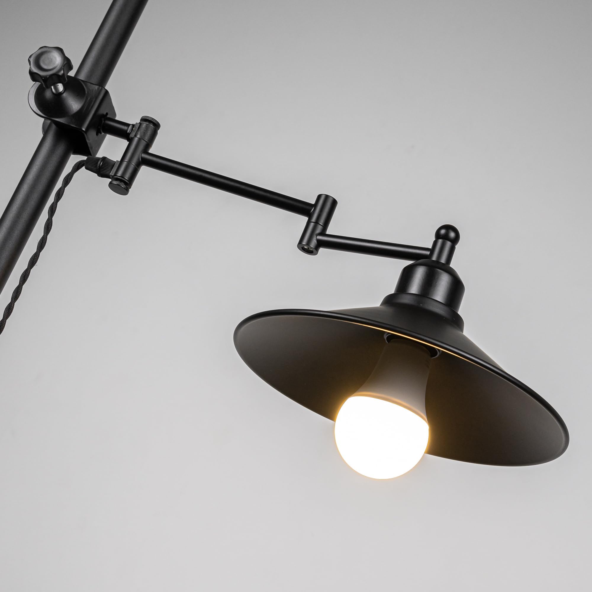 Schreibtischlampe mit Kabelschalter, Schwenkbar, Klemmlampe mit Schwenkarm und E27 Fassung für Bett und Schreibtisch, Klemmleuchte aus Metall in Schwarz,A1-YGJZBBD04