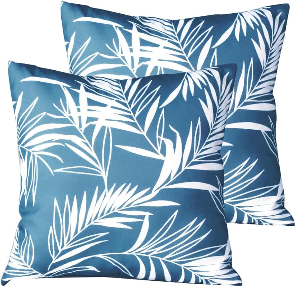 Atout Ciel Lot de 2 Coussins Garnis d'extérieur Bicolores en Tissu déperlant 40x40cm, Bleu imprimé/uni