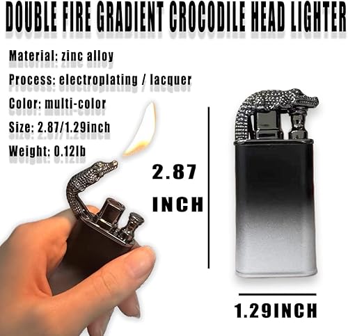Miniatura 2 de Encendedor de doble llama, diseño de cabeza de cocodrilo fresco, fuego doble, recargable, resistente al viento, encendedor de butano, regalo para