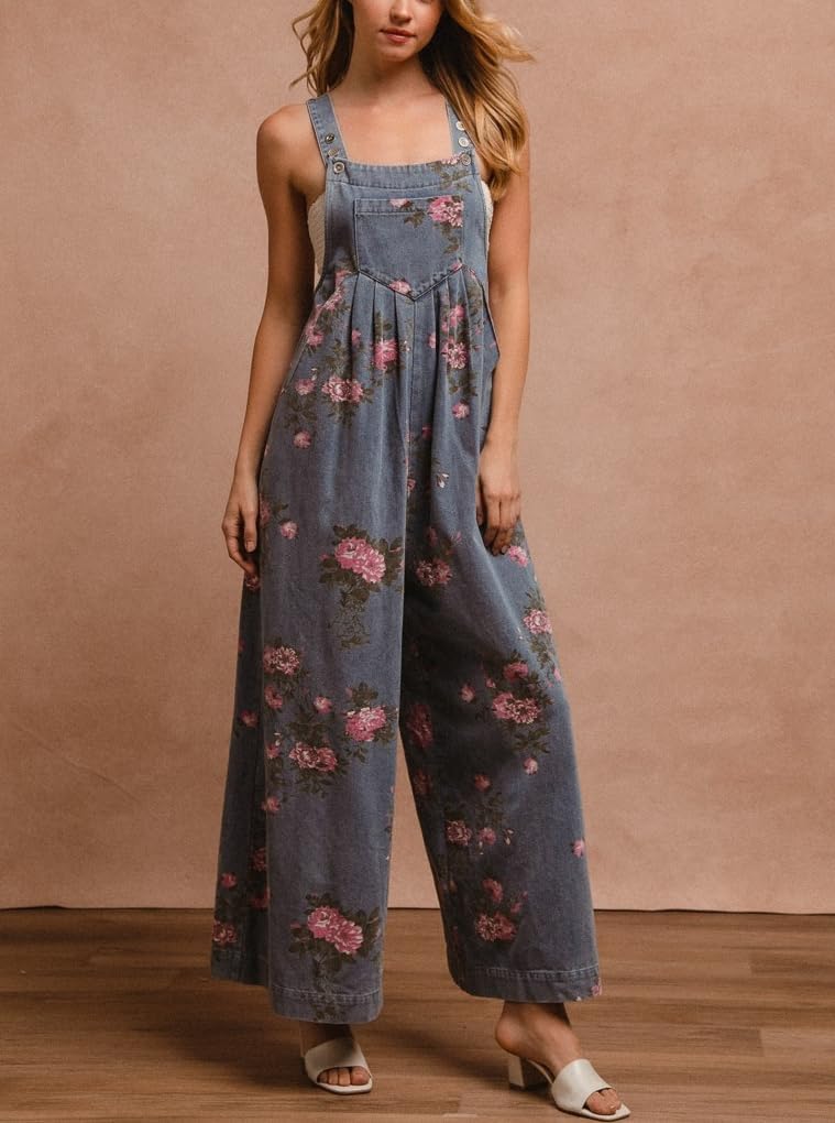 chouyatou Women's Summer Boho Floral Denim Bib Overalls Adjustable Strap Wide Leg Jumpsuits Jeans with Pockets - Image 2