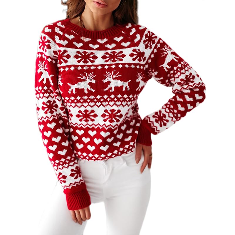Womens Christmas Snowflake Reindeer Sweater Vintage Crewneck Long Sleeve Pullover Xmas Holiday Knitted Jumper