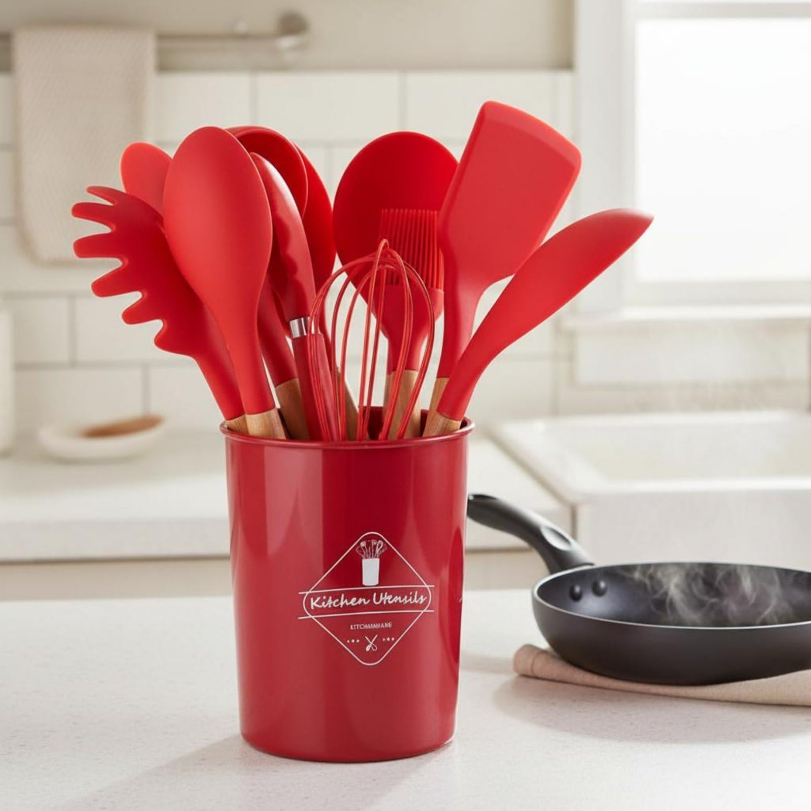 Silicone Kitchen Utensil Set Kit Utensili Cucina Spatola Frusta Cucchiaio con Contenitore Coordinato in Silicone Resistente al Calore E Manici, Dark Gray