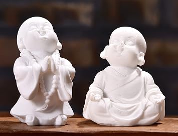 fazhongfa 2pcs Buddha Statue Happy Laughing Buddha Figurine Cute Small Monk Statues Mini Maitreya Buddha Minimalist for Desktop Ornament Home Decor Car Dashboard and Shelf Decorations Buda White