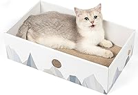 Vista 13 de Caja rascador para gatos con almohadilla de cartón de doble cara resistente, tumbona de cartón, cama para gatos de interior, diseño de agujero Blanco