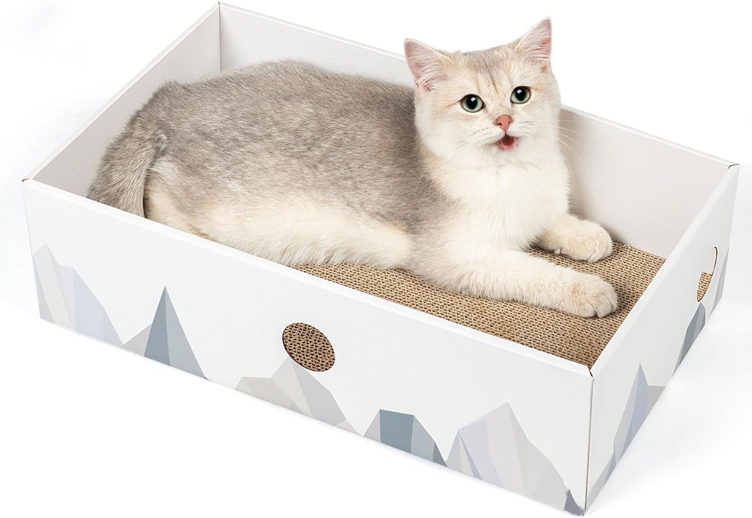 Conlun Cat Scratcher Box with Heavy-Duty Double-Sided Cardboard Pad, Cardboard Lounger, Interactive Hole Design, Cat Bed for Indoor Cats, White, Large