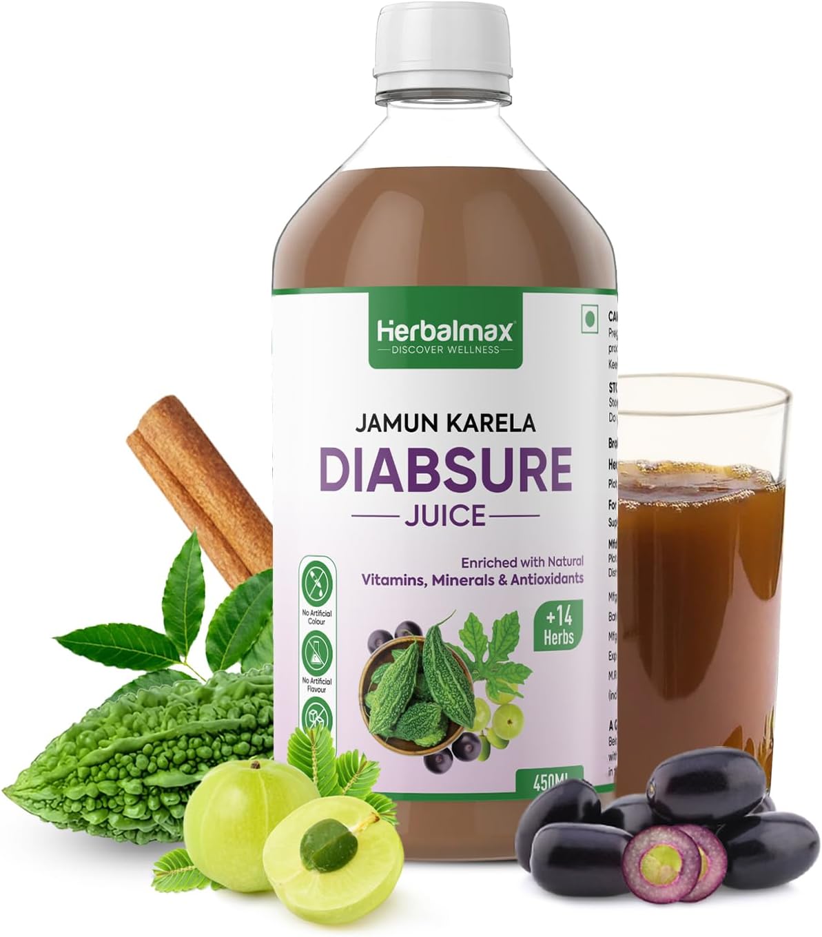 Herbal Max Diabetic Care Juice 450 ml | Herbal Blend with Karela, Jamun, Gudmar, Vijaysar & Amla | Jamun Karela Juice Supports Blood Sugar Management | Suitable for Diabetes & Prediabetes
