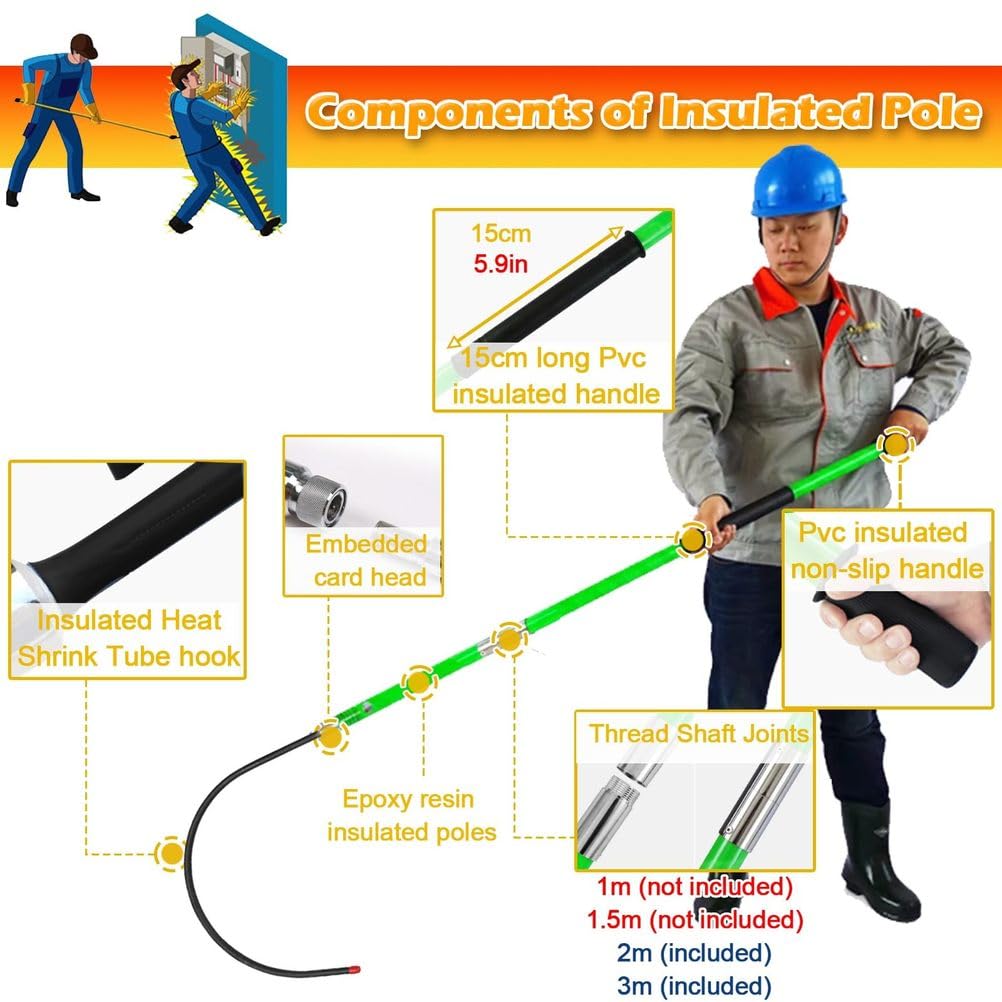 Gancio di salvataggio isolato ad alta tensione, resiste a 10-220 kV, palo in fibra di vetro e gancio staccabile, attrezzatura di sicurezza elettrica portatile di emergenza, verde, 2 m / 6,6 ft (10 ~