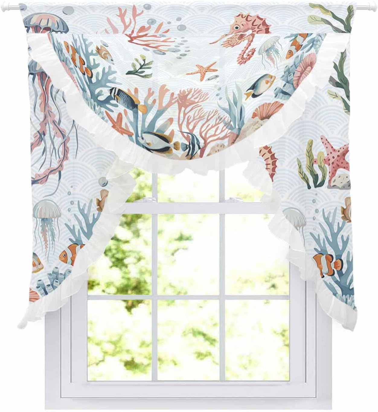 Waterfall Sheer Curtains Valance for Windows, Summer Nautical Swag Valances for Living Room, Seahorse Seashell Coral Starfish Rod Pocket Voile Ruffle Waterfall Valance for Bedroom, 78.74x41.3 Inch