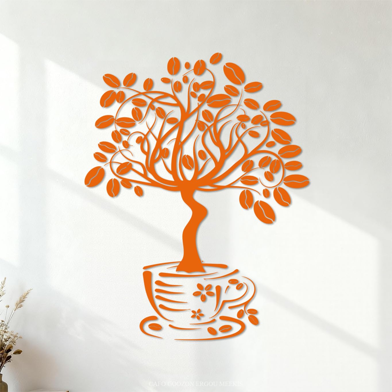 Cup Coffee Beans Tree Flower Bar Kitchen Restaurant But First Cafe Love Vinyl Wall Stickers 34x43.5cm Multi Color Selection Orange