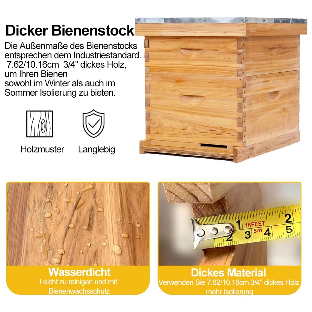 Bienenstock-Starterset,10 Rahmen Bienenstock Bienenwachs Beschichtet BienenstöCke FüR Alle Imkerei Ebenen Komplette Bienenstock Kit EnthäLt 1 Tief Boxen 1 Medium Box Frames Und Stiftung BläTter