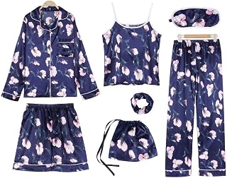 【ZUEVI】睡衣 女士 缎面 居家服 7件套 居家服 长袖 睡衣 吊带背心 春夏秋 亲肤