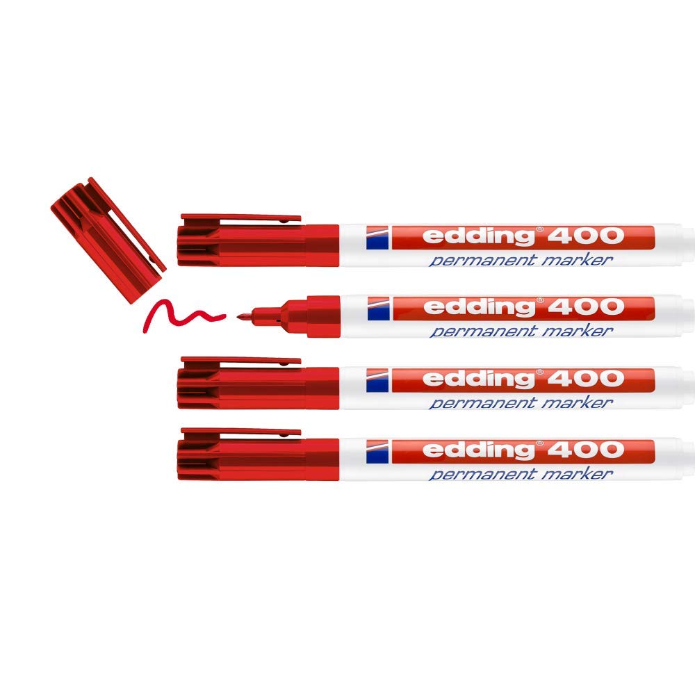 edding 400 permanent marker, red, 4 pens, fine round nib 1 mm, waterproof, quick-drying, smear-proof pens