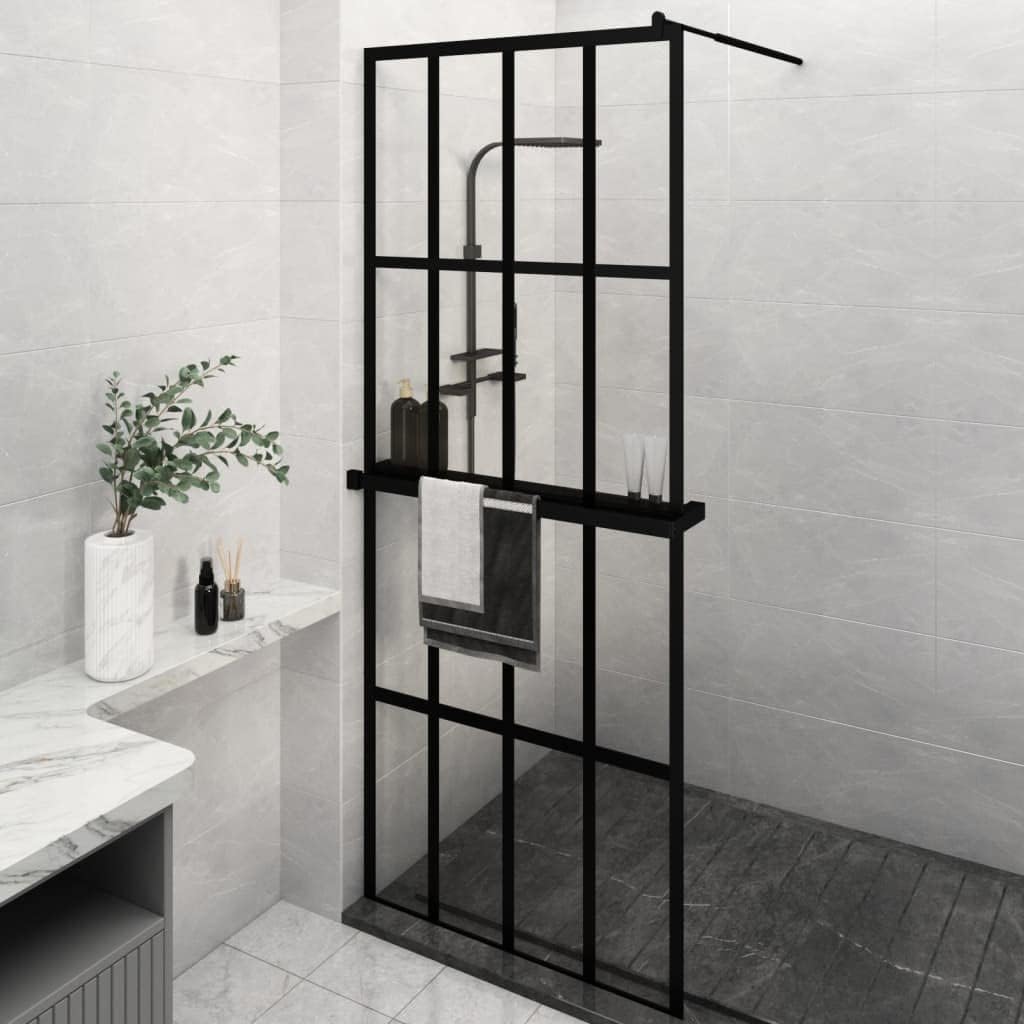 Modern Walk-in Shower Wall with Shelf Black 31.5"x76.8" ESG Glass & Aluminum Frame, Adjustable Profile for Easy Installation, Durable Tempered Glass Shower Screen