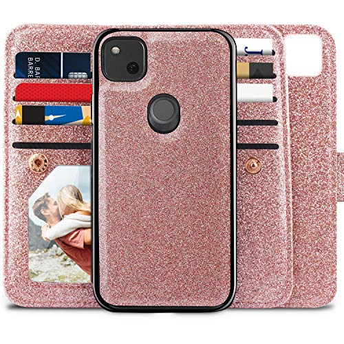 Miss Arts Pixel 4A Wallet Case, Detachable Magnetic Slim Case with Car Mount Holder, 9 Card/Cash Slots, Magnet Clip, Wrist Strap, PU Leather Cover for Google Pixel 4A -Rose Gold