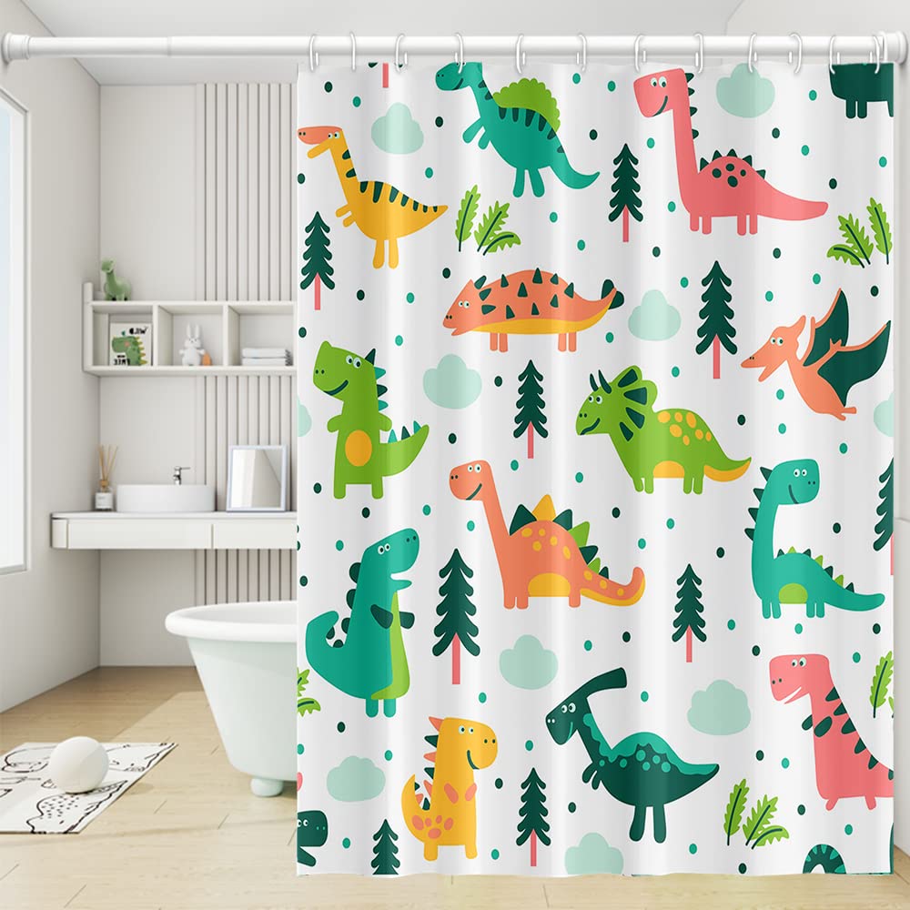 Cute Dinosaur Shower Curtains Colorful Baby Dino Funny Animals Green Trees for Kids Neutral Shower Curtain Waterproof Fabric Polyester Accessories with 12 Hooks, 72x78 Inch