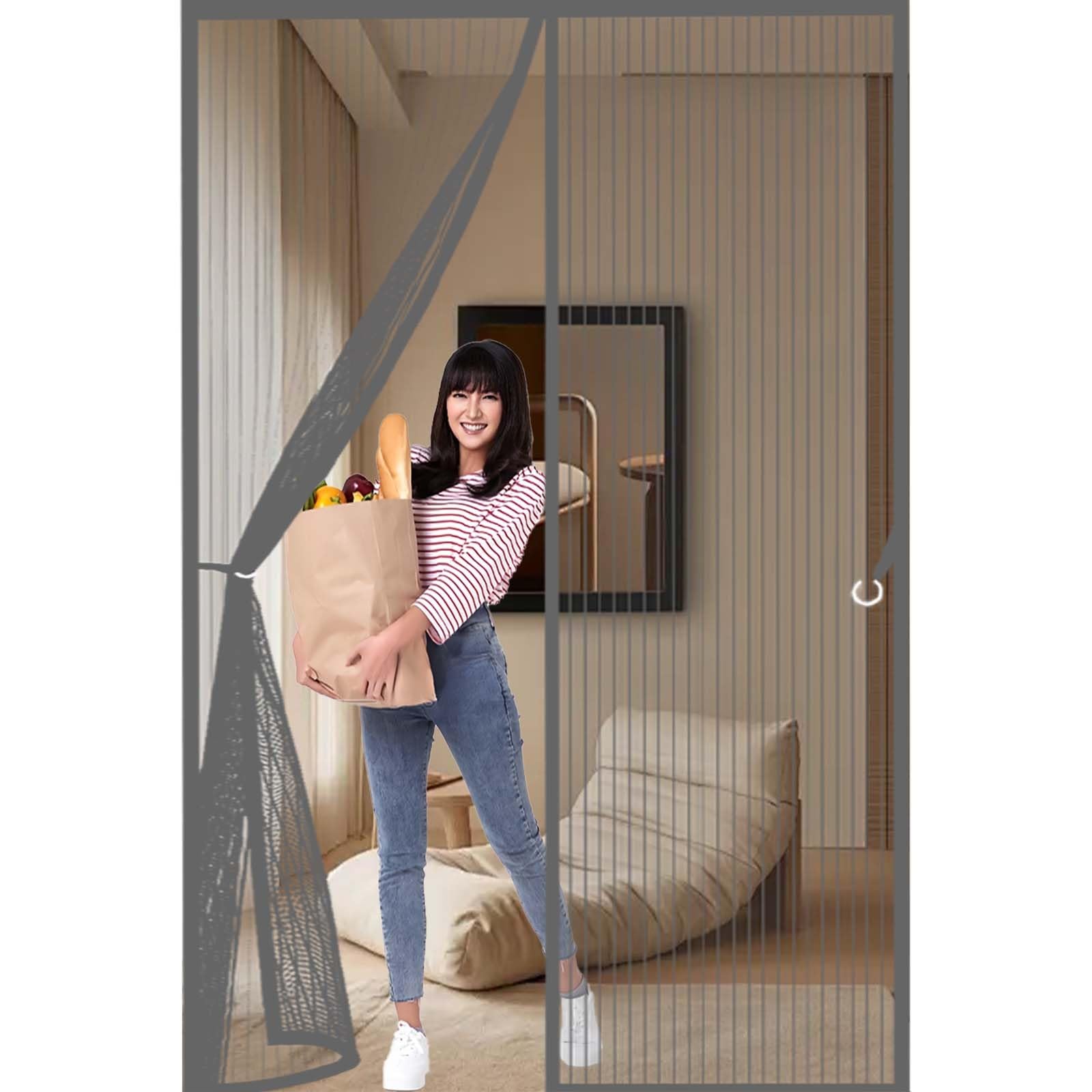 Feijdon Grey Door Fly Screen 100X210cm(Widthxhigh) Durable, Keeps Bugs Out, Kid And Pet Friendly Magnetic Fly Screen Door Curtain Hundreds Of Sizes, Lets Fresh Air In,