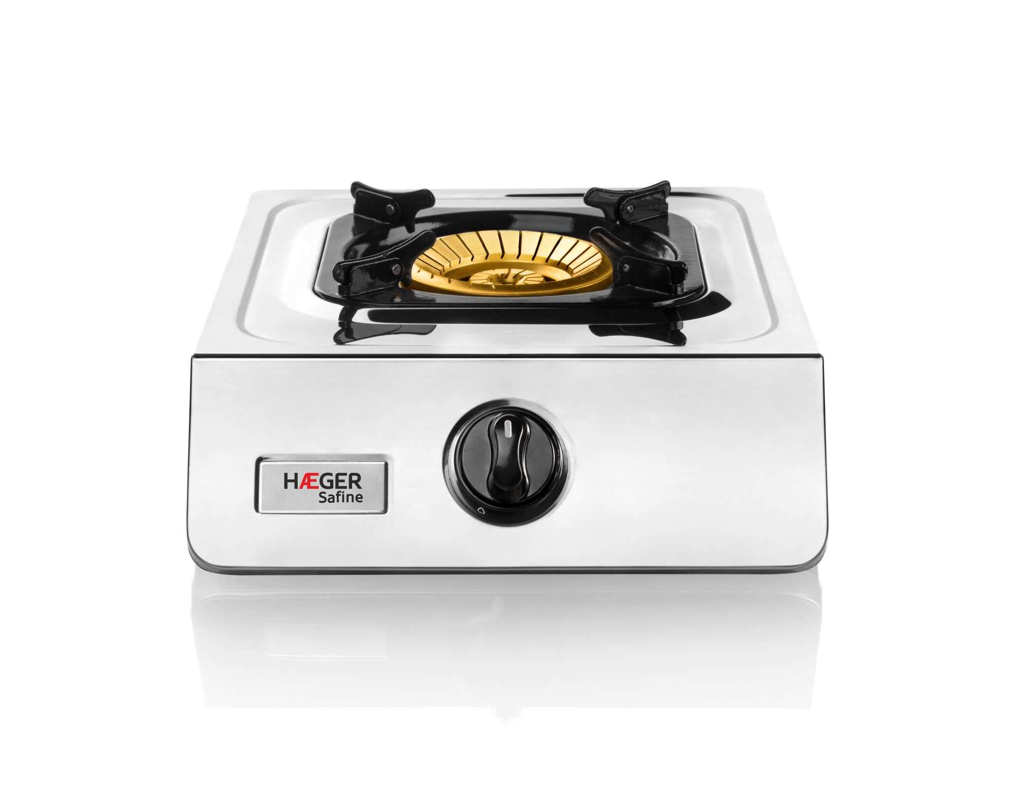 HAEGER SAFINE - Gaskocher mit patentierter Technologie, Automatische Zündung PIEZO, Doppelbrenner in Bronze mit 110 mm, Körper aus INOX, Anti-Rutsch-Füße und Fuß für große Pfannen