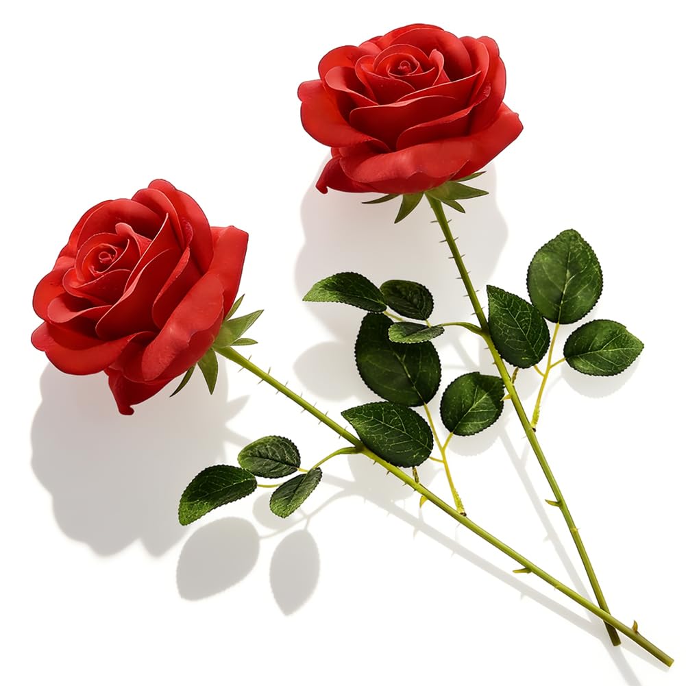 VorErgyllic Red Artificial Rose Flowers, 2Pcs Red Velvet Rose with Pearl Accents, Valentine's Day Roses Wall for Wedding Home Garden Decorations Artificial Floral Arrangements