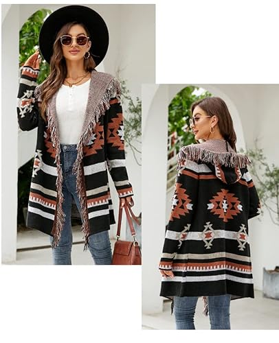 Women Geometric Tribal Stripe Fringe Hooded Knit Cardigans Casual Open Front Long Sleeve Cardigan Hooded Outwear Coat Black #TOP4