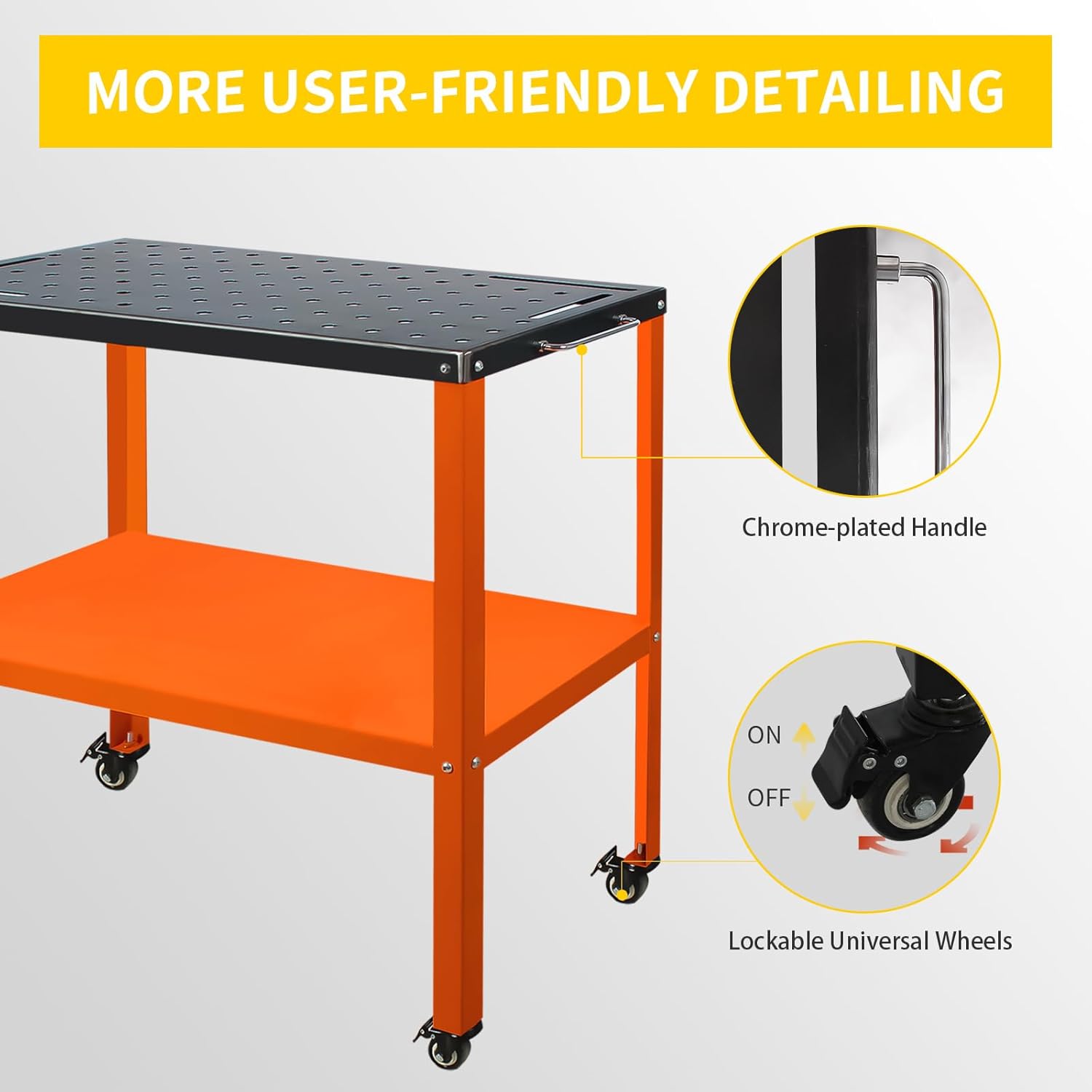 Welding Table Welding Cart 1200lbs Load Capacity 36”×18”, Industrial Workbench with 5/8" Holes Fixture Table with Wheels (Orange)