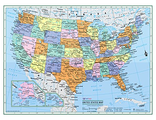 Cool Owl Maps United States Wall Map Political Usa Color Poster 32"X24" - Large Type Rolled Paper #TOP11