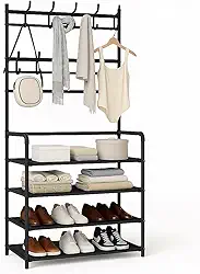 Sapateira Organizador com Cabideiro de Chão e 4 Prateleiras | Arara Multiuso Vertical para Roupas, Bolsas e Sapatos (Preto)