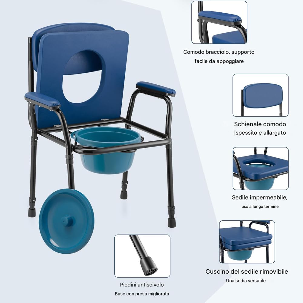BAKAJI Sedia WC Pieghevole e Leggera con Vaso Rimovibile e Altezza Regolabile per Anziani, Disabili, Persone con Mobilità Ridotta, Water Seduta Salvaspazio con Base Antiscivolo 57 x 49 x 84–99,5 cm