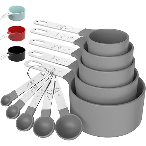 TILUCK Measuring Cups & Spoons Set, Stackable Cups and Spoons, Nesting Measure Cups with Stainless Steel Handle, Kitchen Gadgets for Cooking & Baking (Gray)