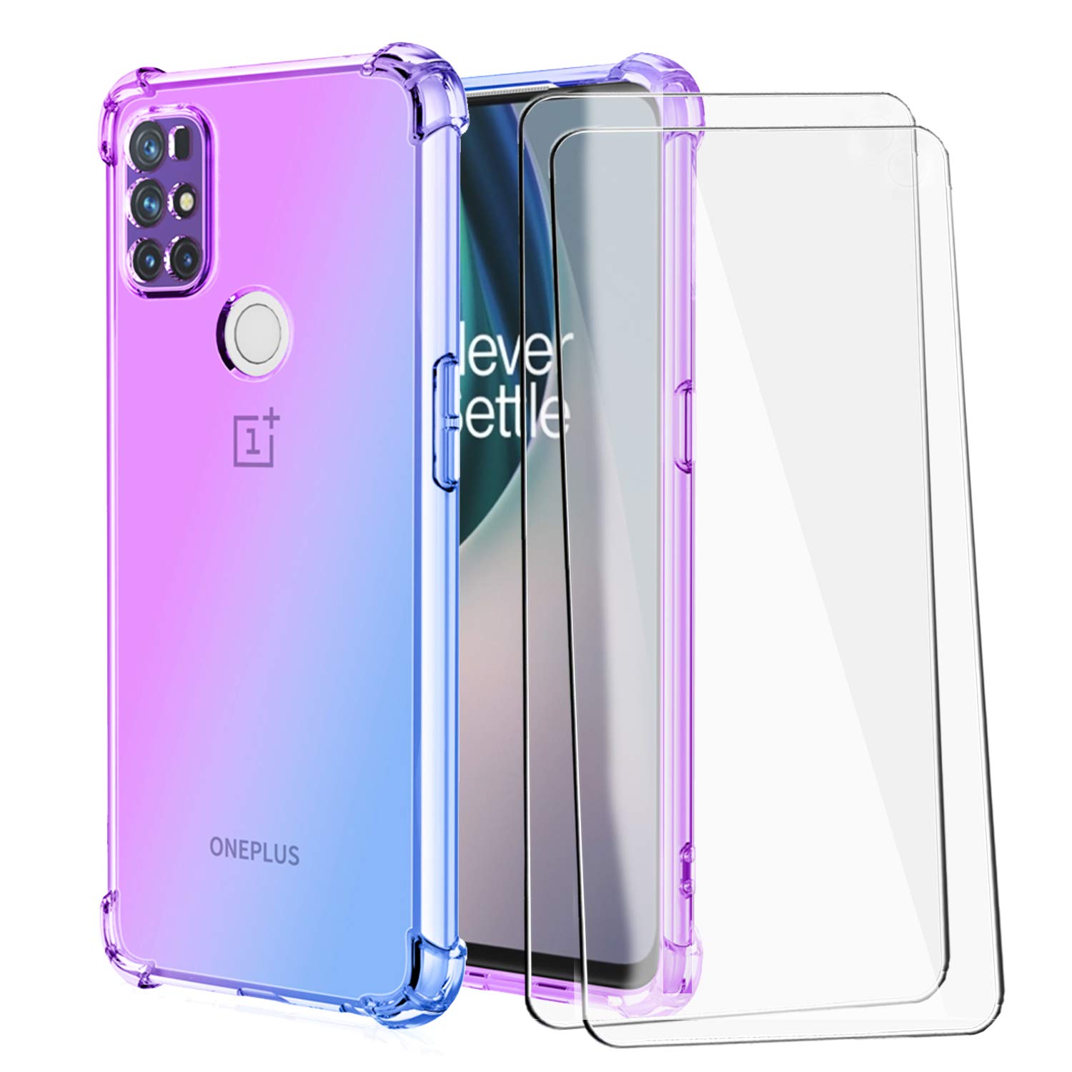 BTShare For OnePlus N100 5G with Tempered Glass Screen Protector (2 Packs), Slim Crystal Clear Soft Silicone Transparent Back Anti Slip Shockproof TPU with Corners Airbag Cover, (Purple/Blue)