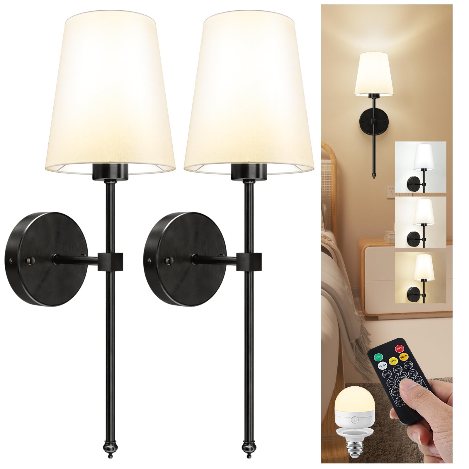 LGMCF Battery Operated Wall Sconce Set of 2, Rechargeable Wall Lights with 5000mAh Detachable Charging Bulbs and Remote, 3 Color Dimmable Wireless Sconces for Bedroom Living Room Hallway, Black โ image 1