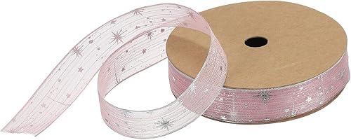 MECCANIXITY Cinta transparente de organza de estrella de 1 pulgada y 20 yardas, cinta de hilo de nieve brillante rosa para envolver regalos, caja de