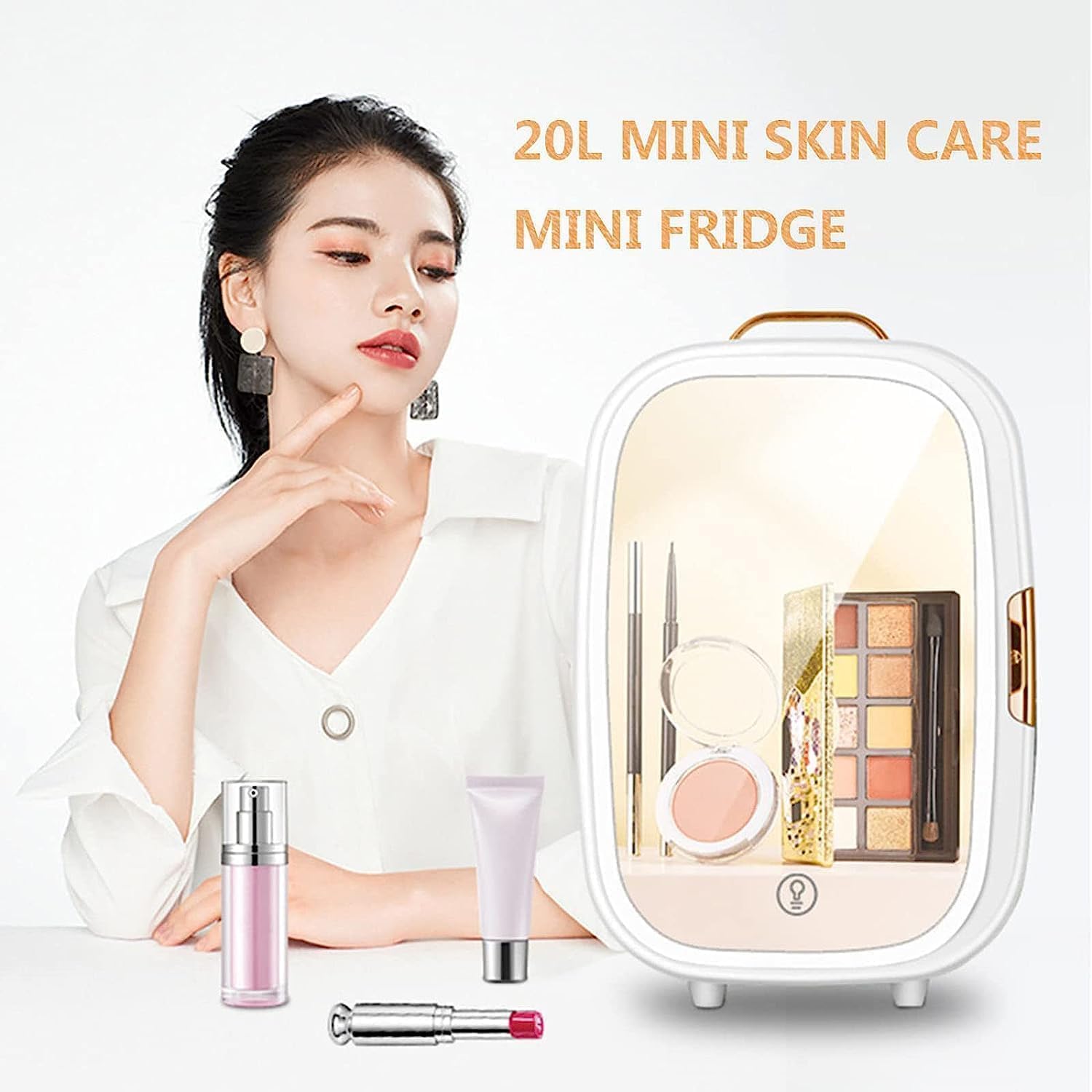 COYEUX 20L Beauty Mini Fridge, Multifunctional Portable Small Fridge, with LED Touch Screen Makeup Mirror (3 Level Brightness), for Food, Drinks, Skin Care, Beauty