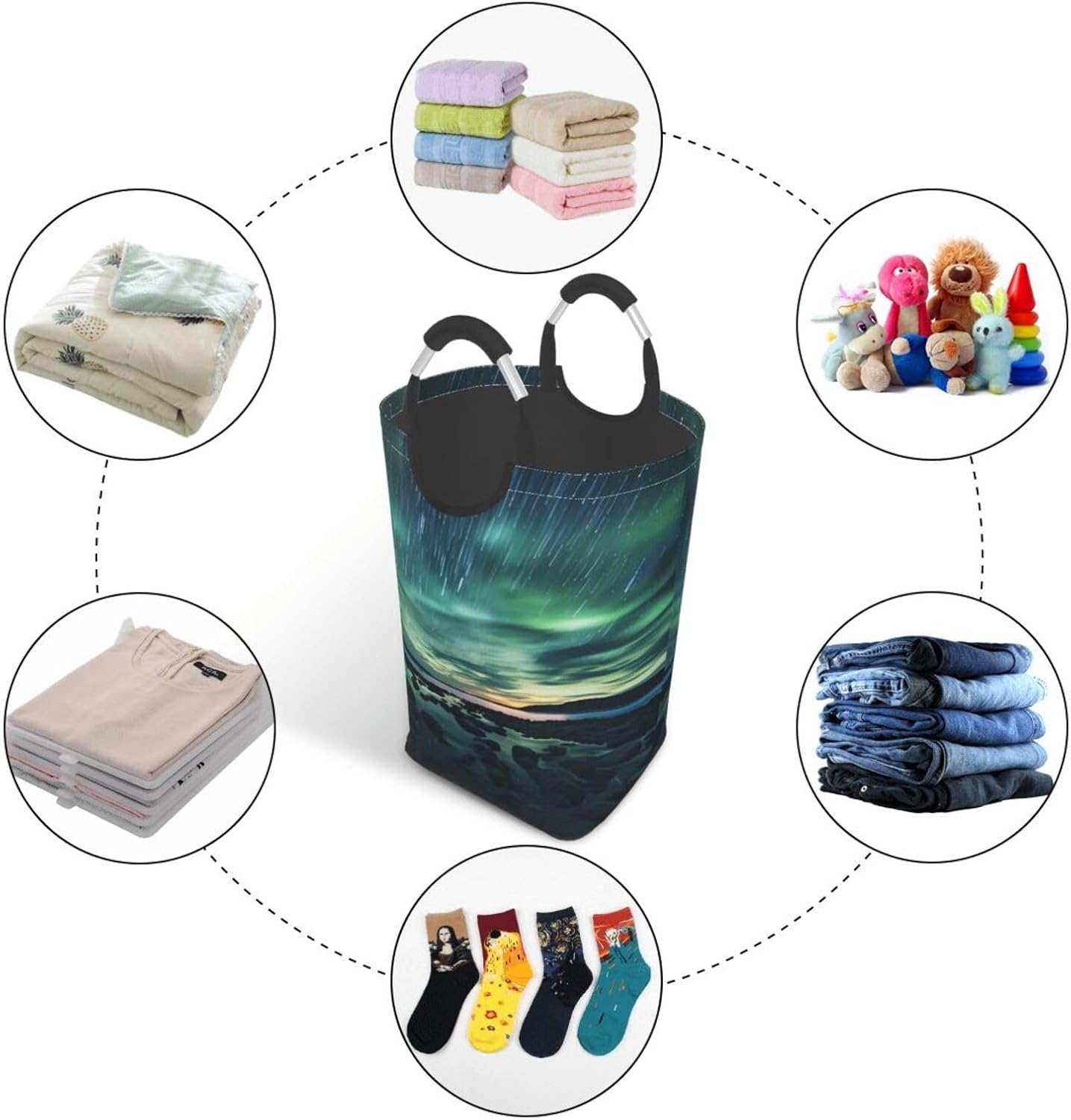 Sea under the Aurora Borealis Foldable storage bag, 50L capacity, suitable for laundry room, dormitory bedroom, dirty clothes storage basket.