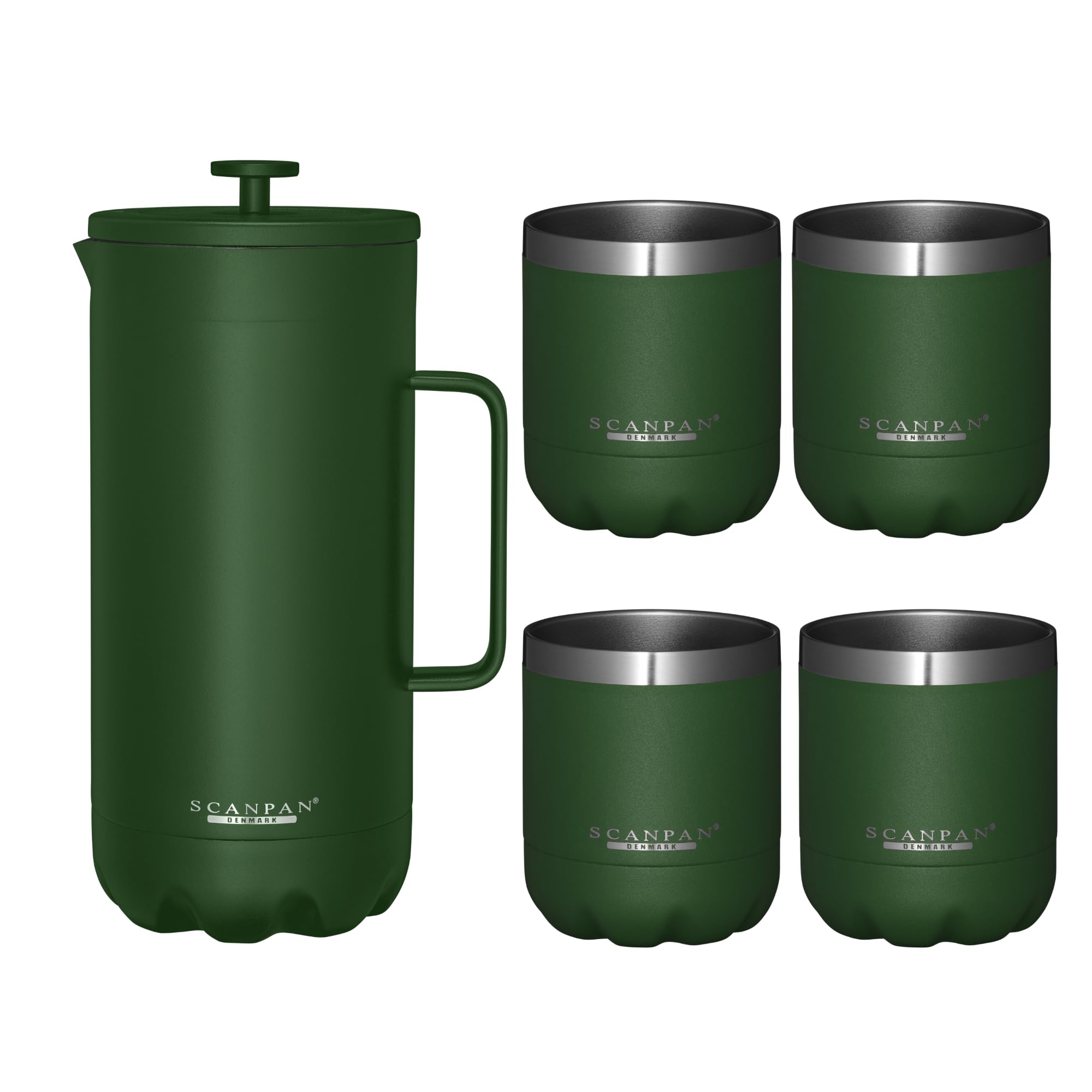 Scanpan TO GO French Press Coffee Maker 1.0L (Forest Green) + 4 Vacuum Cups 250 mL (Forest Green) - 18/8 Food Grade Stainless Steel - Scratch-Free Coating - Dishwasher Safe