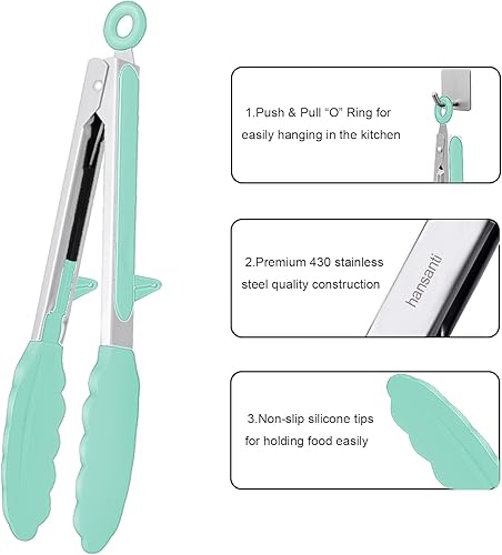 Miniatura 6 de Juego de 4 pinzas de cocina de silicona, antiadherentes de acero inoxidable con puntas de silicona sin BPA para servir pasta, espagueti, bistec,