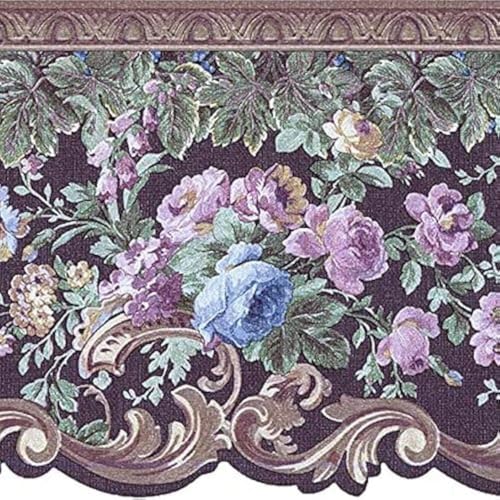 CONCORD WALLCOVERINGS ™ Wallpaper Border Floral Pattern Small Flowers and Leaves for Bedrrom Dining Area, Purple Green Pink Gold, 6.75 Inches by 15 Feet Des87957DC