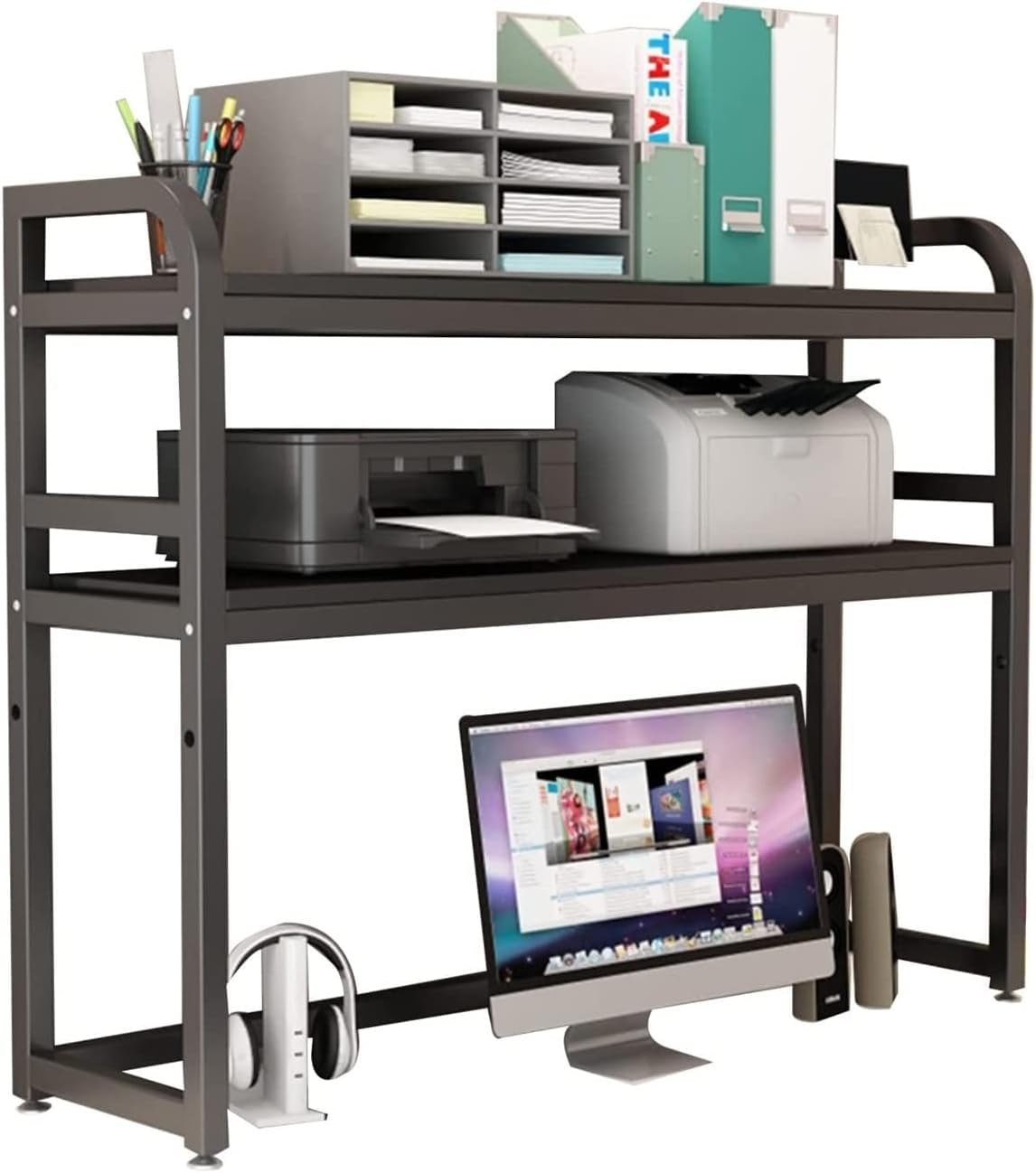 Étagère de bureau réglable bois et métal pour rangement écran et imprimante